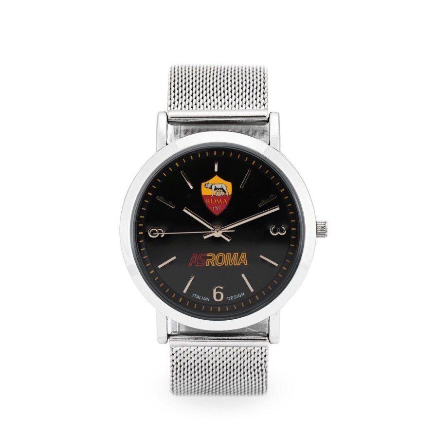 Accessori AS Roma Orologi | Orologio Cinturino Regolabile Maglia Milanese, Unisex, Quadrante Nero.