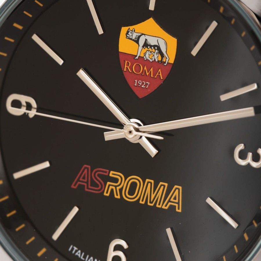 Accessori AS Roma Orologi | Orologio Cinturino Regolabile Maglia Milanese, Unisex, Quadrante Nero.