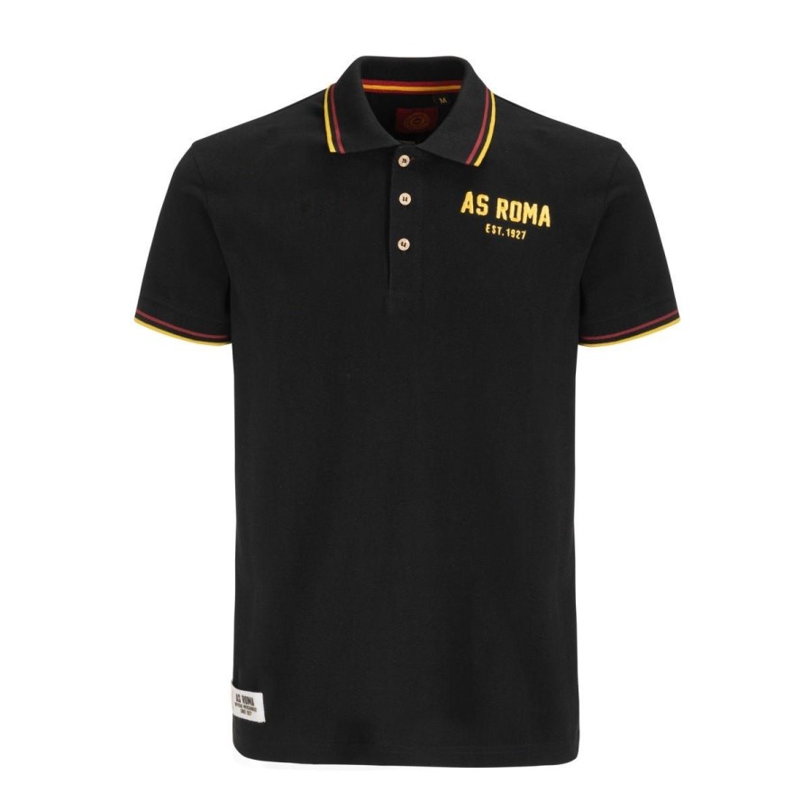 Abbigliamento AS Roma T-Shirts E Polo | Polo In Piquet Con Logo Ricamato, Collo E Bordini In Contrasto Per Uomo Nera